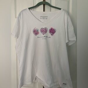 Life Is Good White V-Neck Tee with Pink Heart Trio